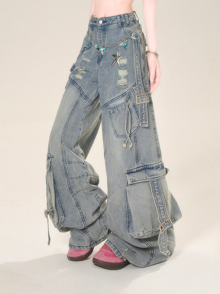 Wide-Leg Jeans Cargo Pockets Blue Distressed Holes Buckle Straps