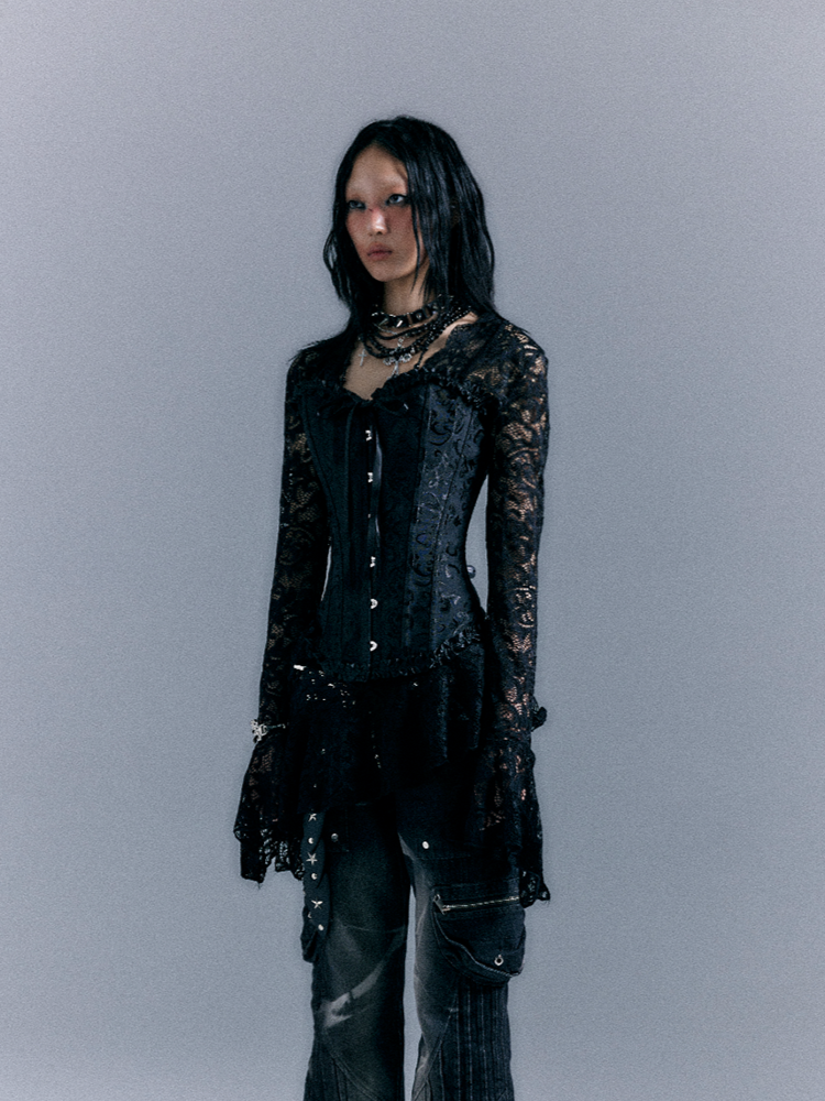 A-Line Mini Dress with Bell Sleeves Black Punk Semi-sheer Lace