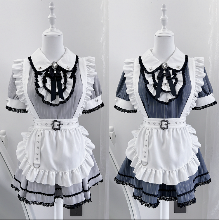 Shorts Pan Gray White Kei Stripes Collar Maid with and Set Peter Jirai Top