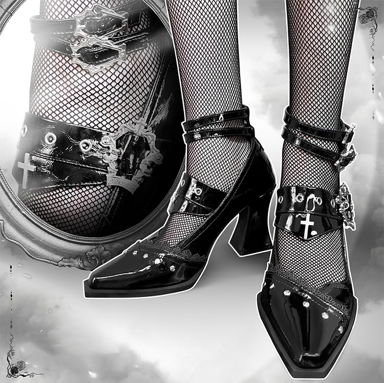 Toe Gothic Pointed Cross Punk Heels Coffin Metal in Buckles Black Block and Polished 8.5/5cm with