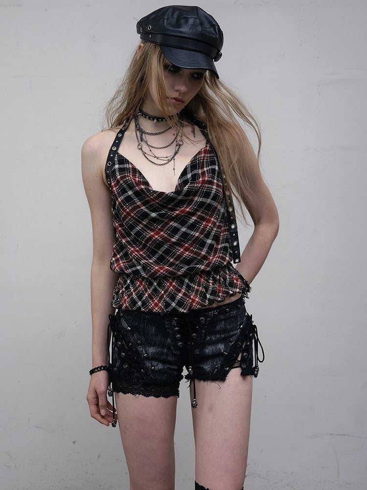 Punk Wasteland Halter Top Neck Neckline Trim Pattern BlackRed Glamorous Plaid Ruffles Cowl