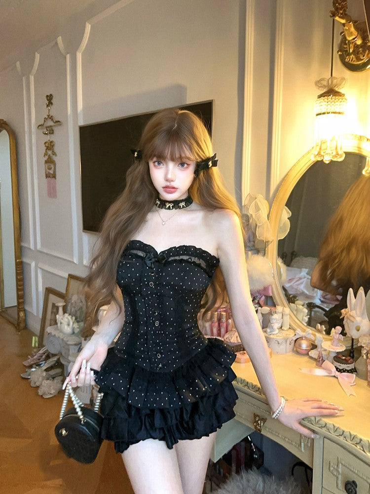 Corset Embroidery Bow Black Lace Bustier With Detachable Floral Ruffled