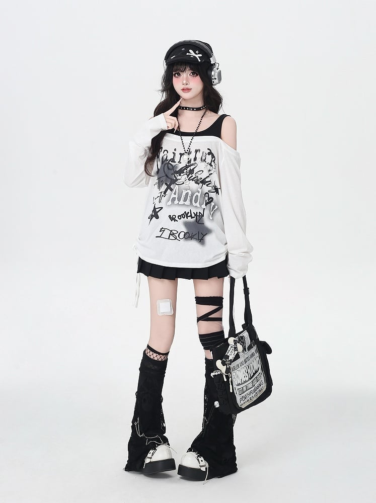 Star Y2K Print Open Shoulder Black/White Top Faux Two-pieces