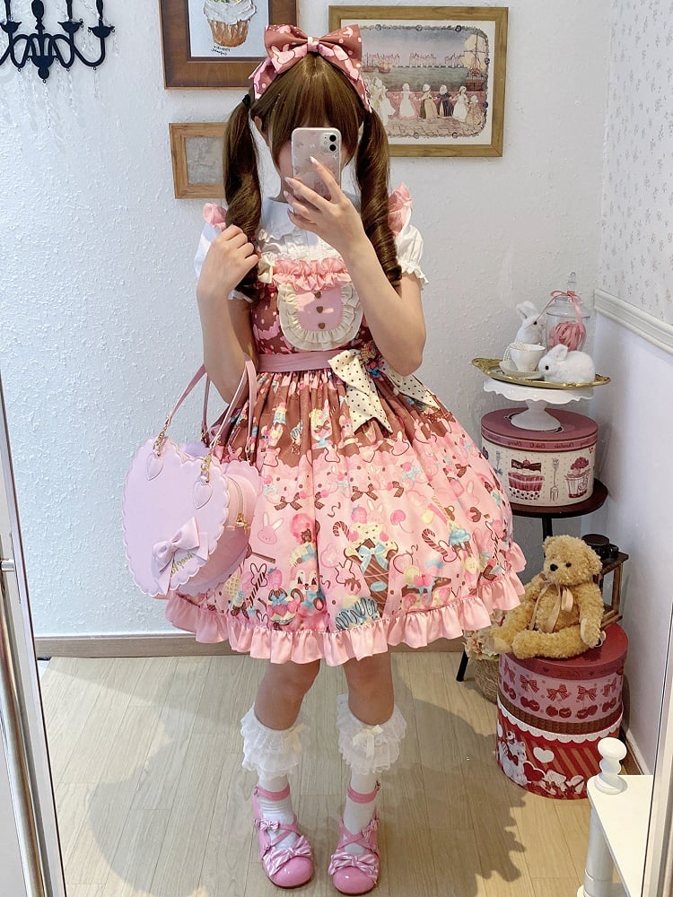Print Sweet and Waist Dessert Lolita Bunny High Dress Pink