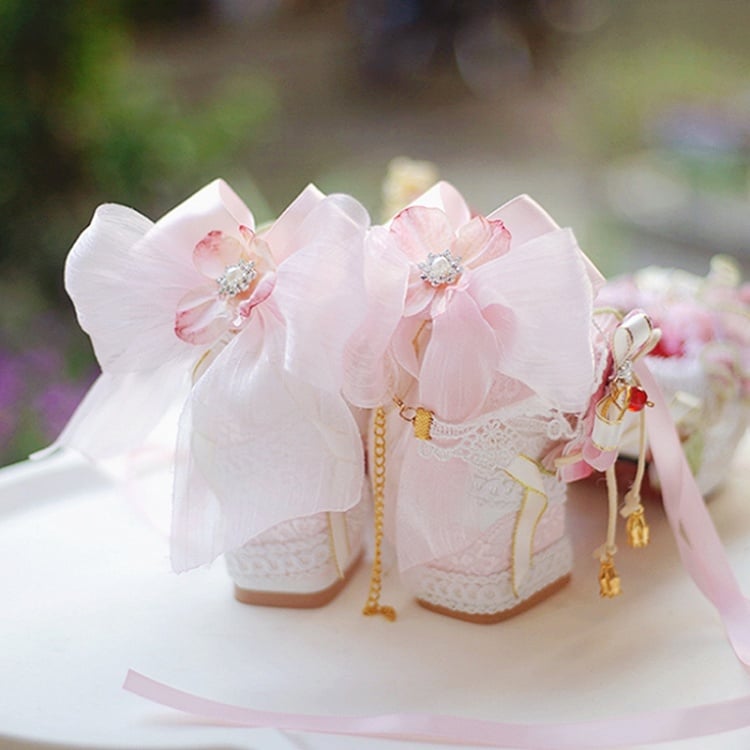 Decorated Heels WhitePink Lace Strawberry Block Lolita Shoes And Beaded 5CM/8.5CM Sweet Trim