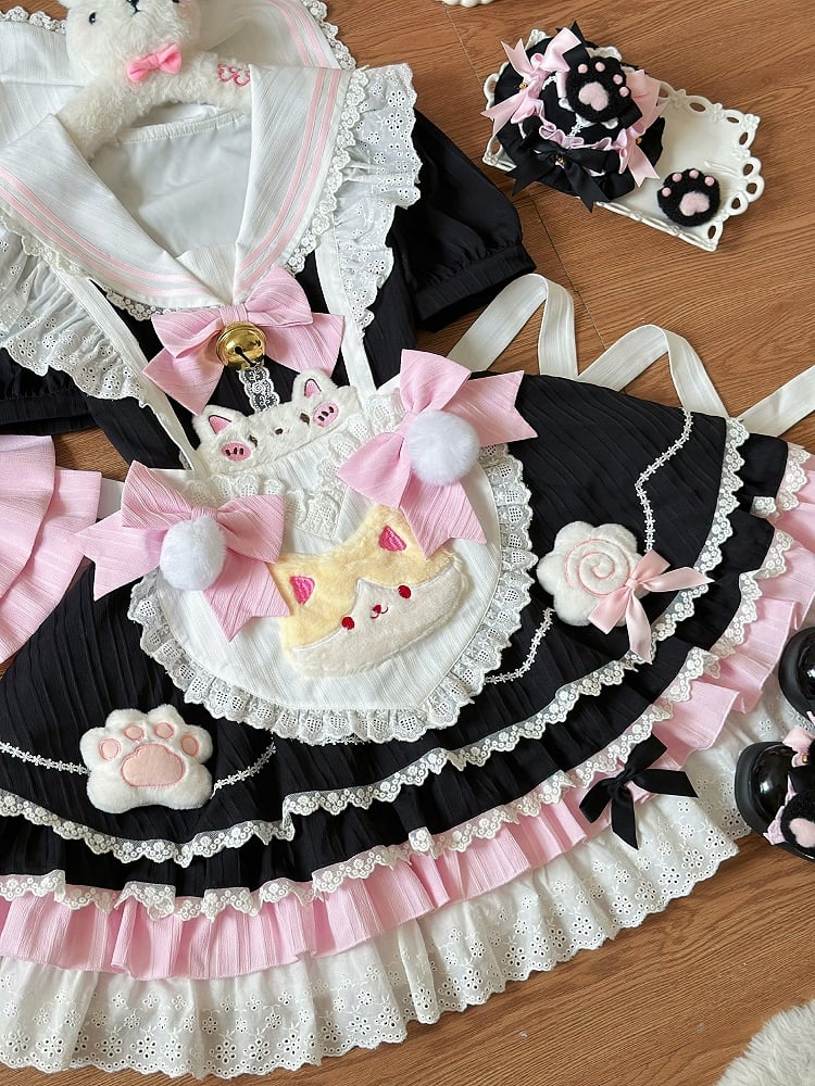with Maid Pink Sailor Collar Apron Heart Lolita Black and Sweet Dress Kitty