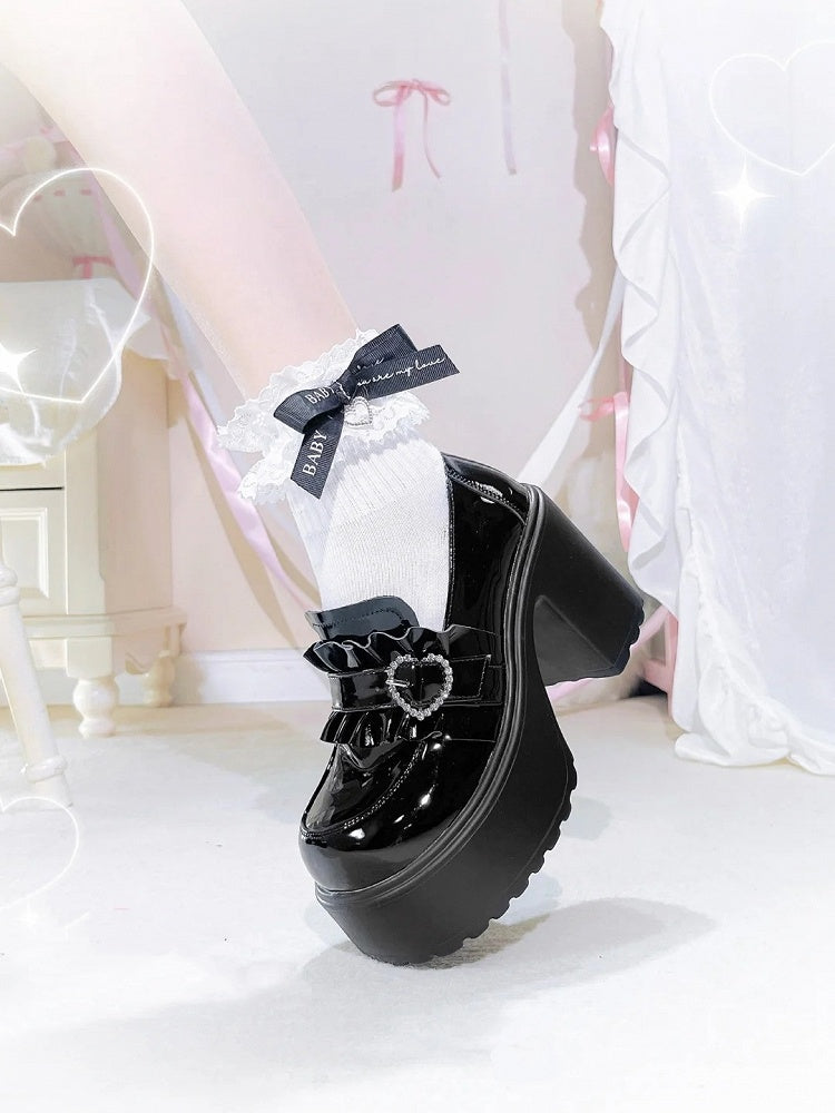 Platform Kei Black Polished Detail Heel Jirai with Sweetheart Loafers 9.5cm Beaded