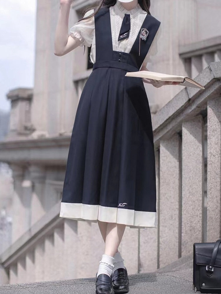 Overalls Box Embroidery Skirt Blue Letters with Pleat Dark