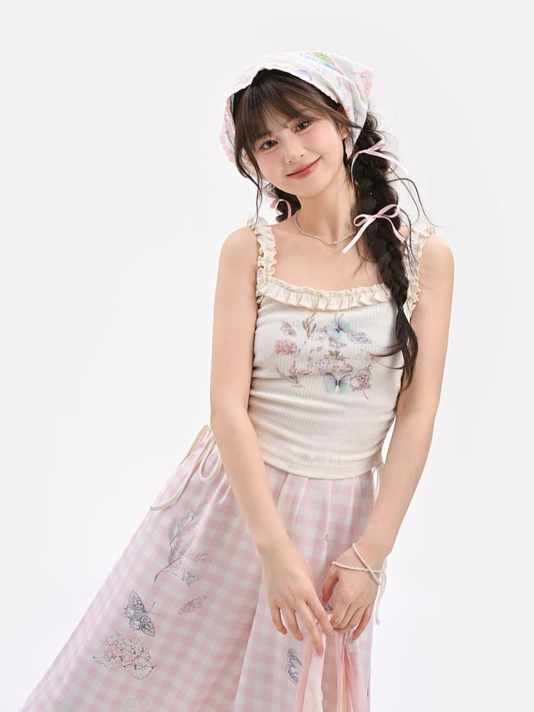 White Ruffled Waist Tank Top Square Neckline Butterfly Print Drawstring