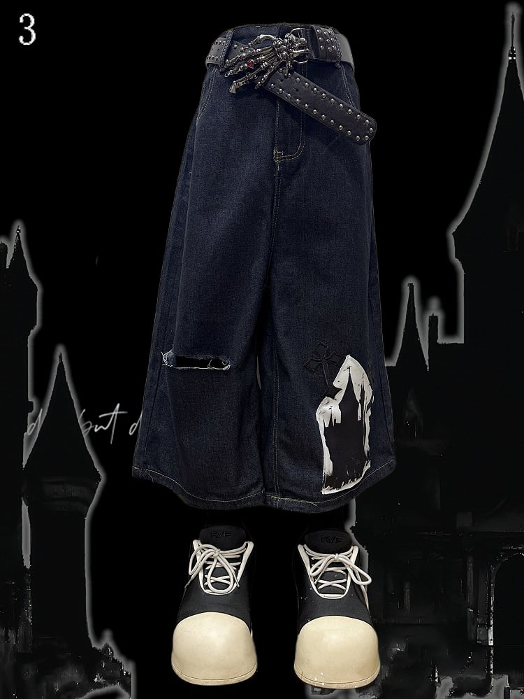 Shorts mit Kreuzapplikation, dunkelblau, Distressed-Löcher, weites Bein, Cargo, Y2K