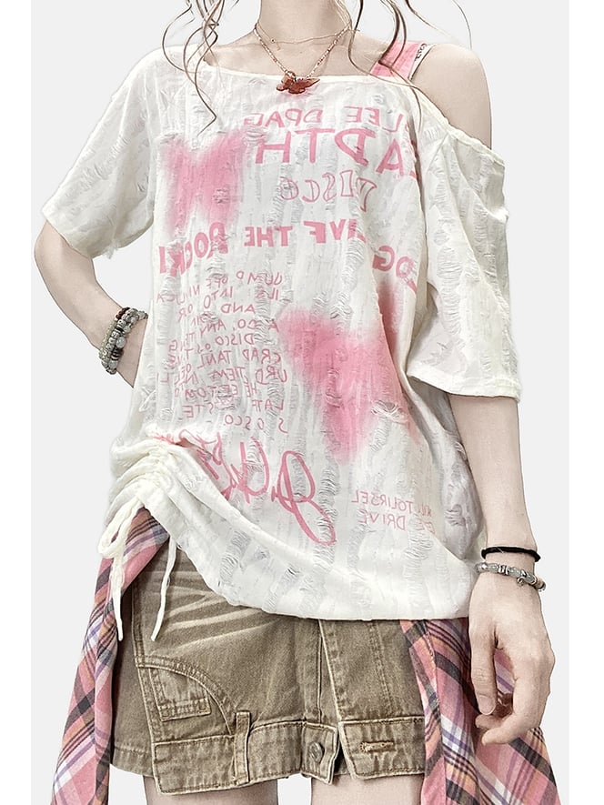 Asymmetrical Y2K Bittersweet Neckline Letter Butterfly T-shirt Off-white And Print