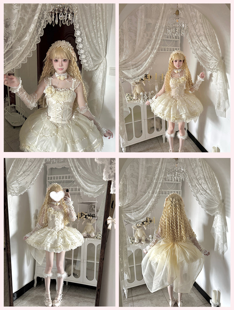 Beige Flutter Sleeves Bowknots JSK Dress on Balletcore Sweet Lolita Puffy Bodice