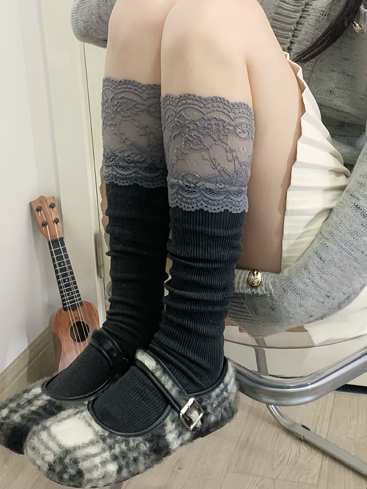 Chaussettes mollet blanches/grises/noires avec bordure en dentelle douce