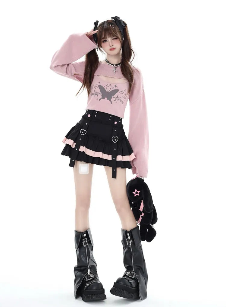 Black Tiered Skirt Mini Ruffles Pink and