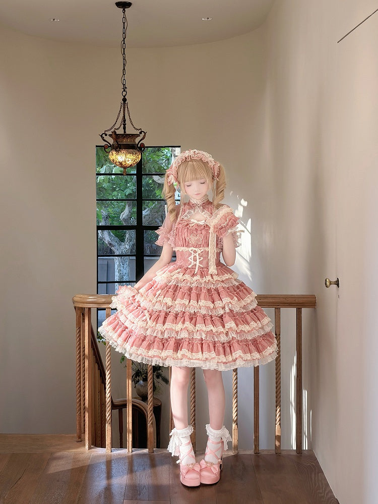 Lolita Ruffles Embroidery with Pink Lace Goldfish Details Dress Sweet and Tiered