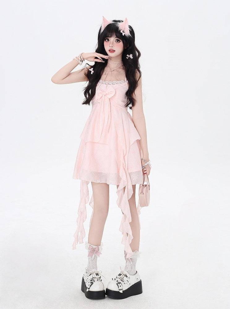 Pink Cascading Ruffle Accents Bow Detail Front Sleeveless Dress