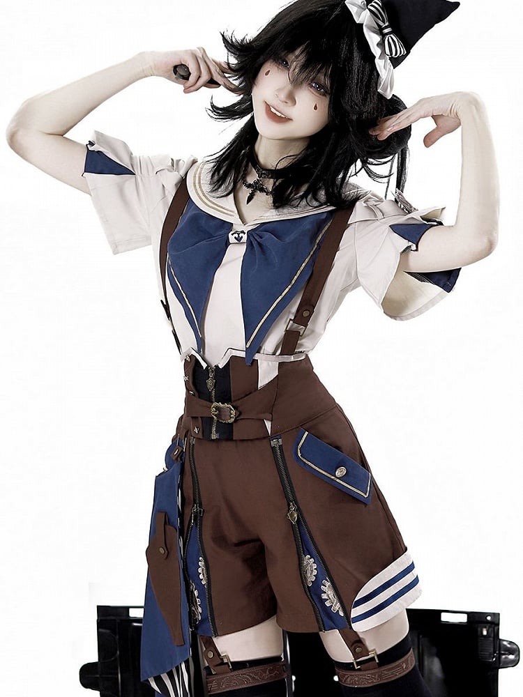 Train Shirt Blue Sailor Overall + Collar Shorts Ouji Steampunk Striped Brown Outfit Lolita -