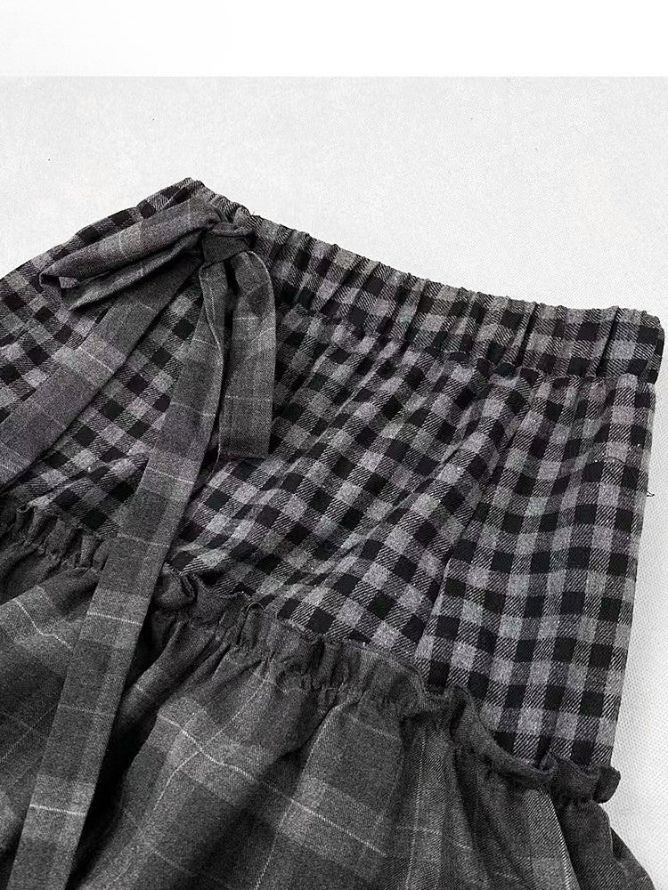 Self-tie Dark Strap Tiered Plaid Gray Pattern Skirt Bittersweet