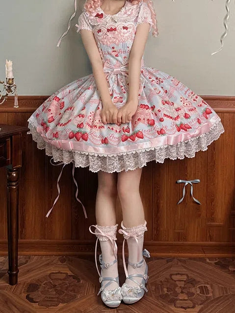 und Kleid Print Süßer Pullover Erdbeerblauer Rock Süßer Kuchen Lolita