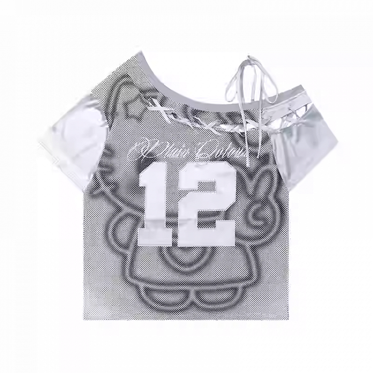 Kitty Gray/Pink Asymmetrical Lace-up Neckline Print T-Shirt