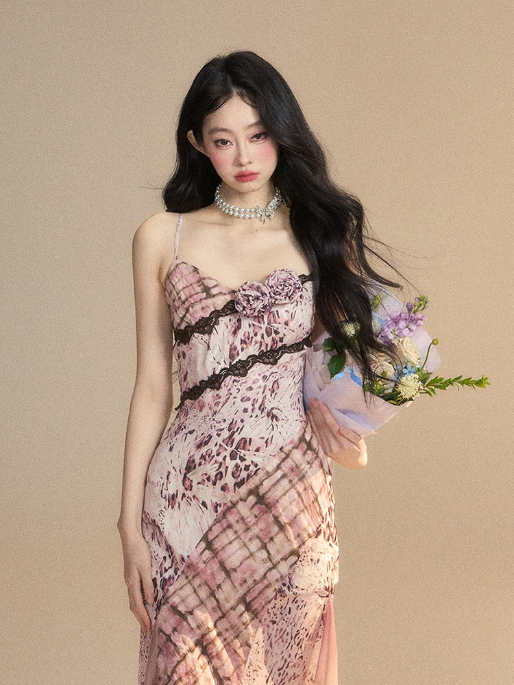 華やかなレースの花柄装飾柄ピンクヒョウ柄トリムスリップドレス
