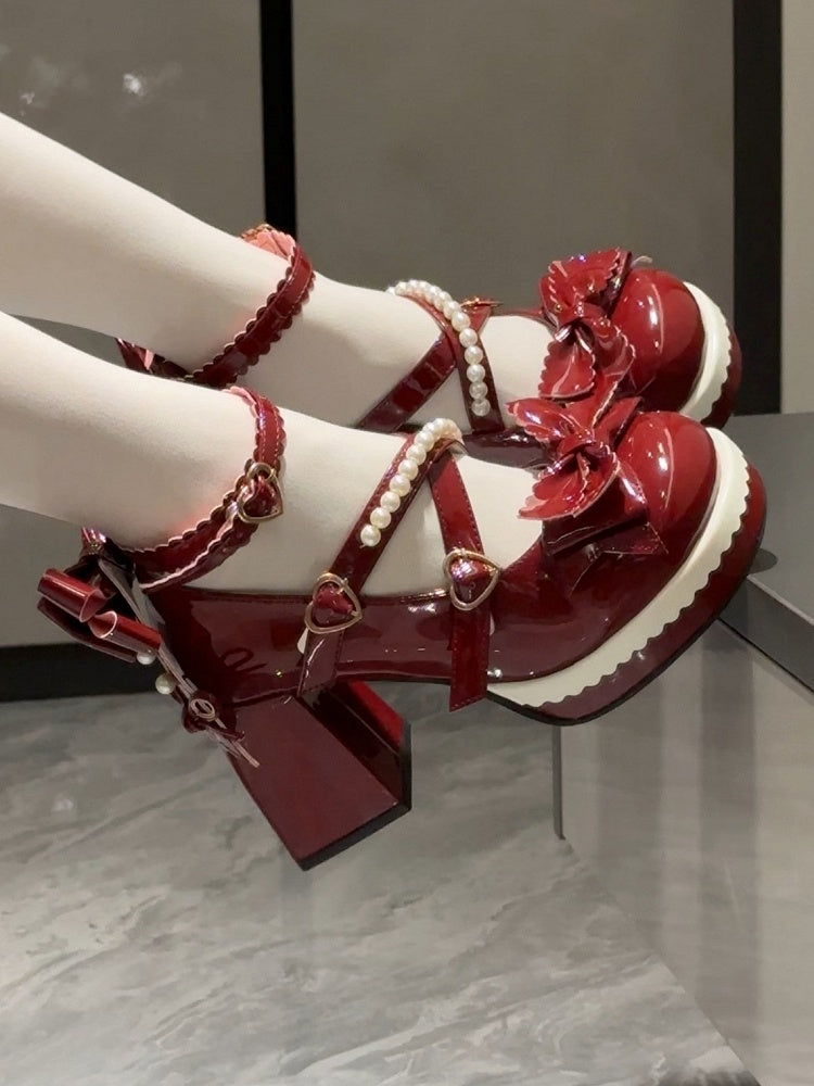 Heart Sweet Red PU Lolita Buckles Strap Bow Bead-Embellished Janes Leather with Mary Accents in Wine