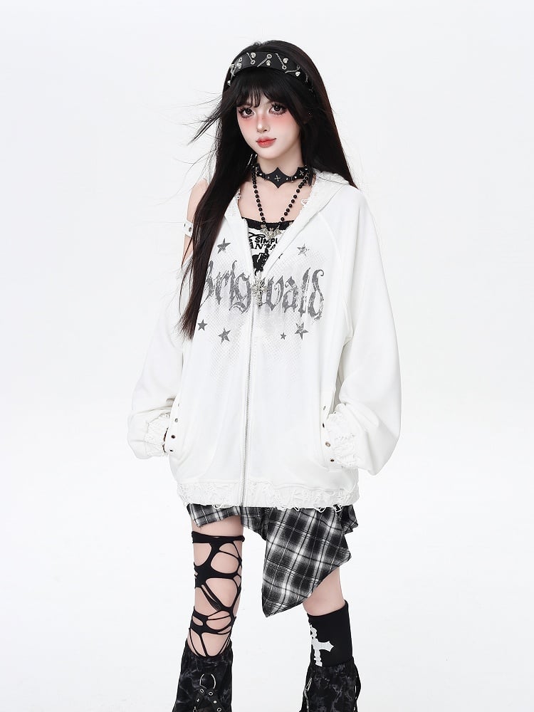 Zip-up Hooded Jacket with Distressed Holes and Cutout Shoulder White/Black