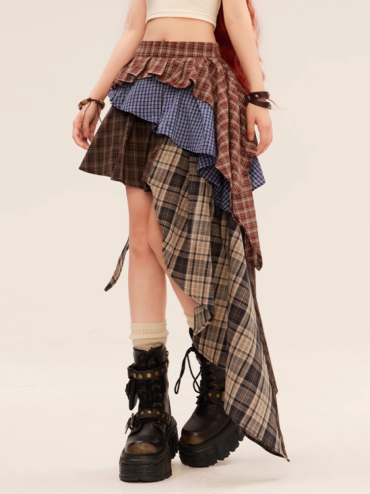 Tiered Skirt Red Asymmetrical Hem Vintage Plaid