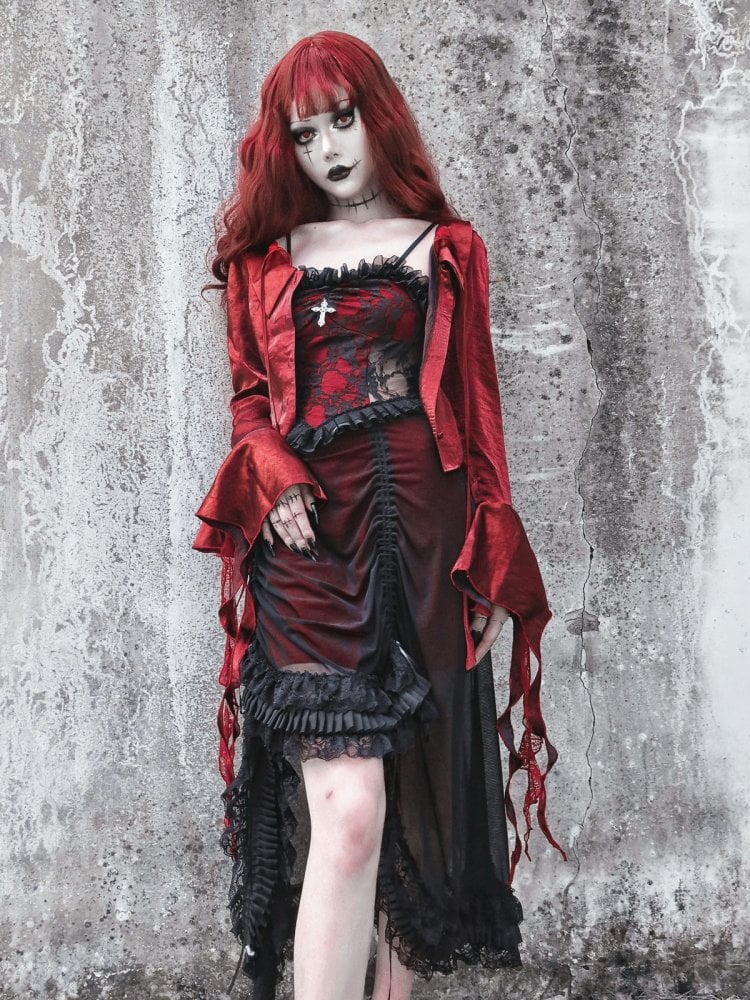 Schwarzes und weinrotes Vampir-Gothic-Kleid, Spitzenkleid mit Kordelzug und Handschellen-Set