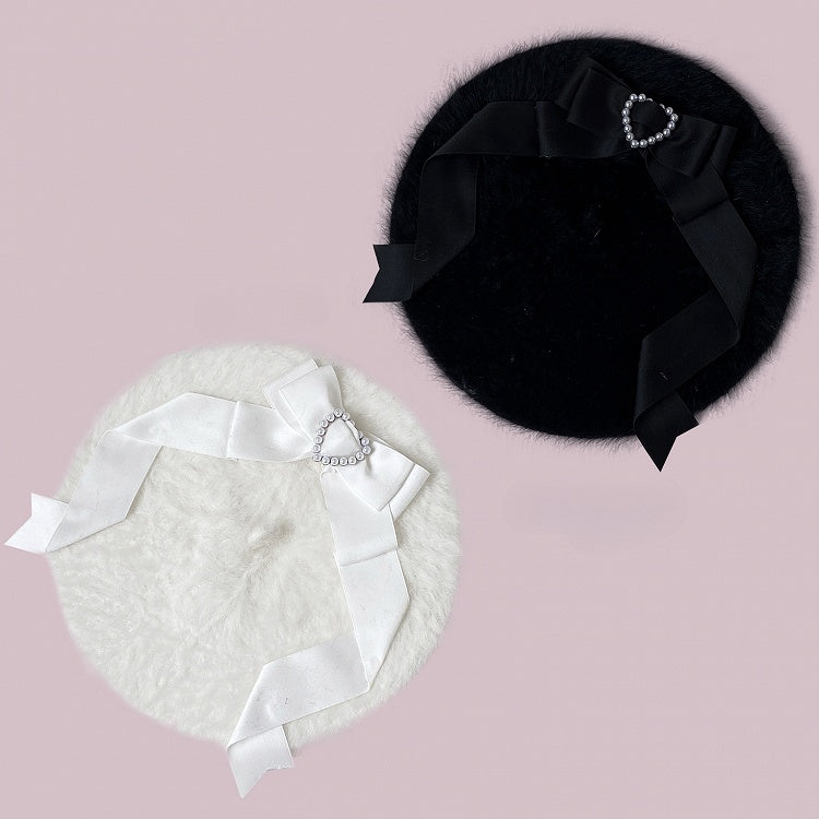 Béret en peluche Jirai Kei noir/blanc avec nœud papillon