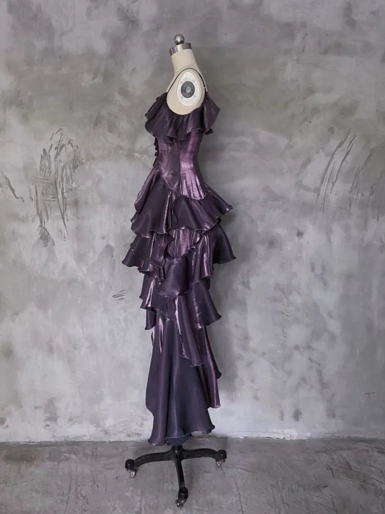 Dark Purple Asymmetrical Layered Flounce Spaghetti Strap Prom Dress Evening Gown