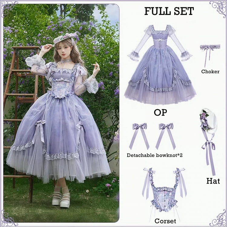 Print Elegant Classic Square Lolita Neckline Purple Painting Oil Full Set Skirt OP