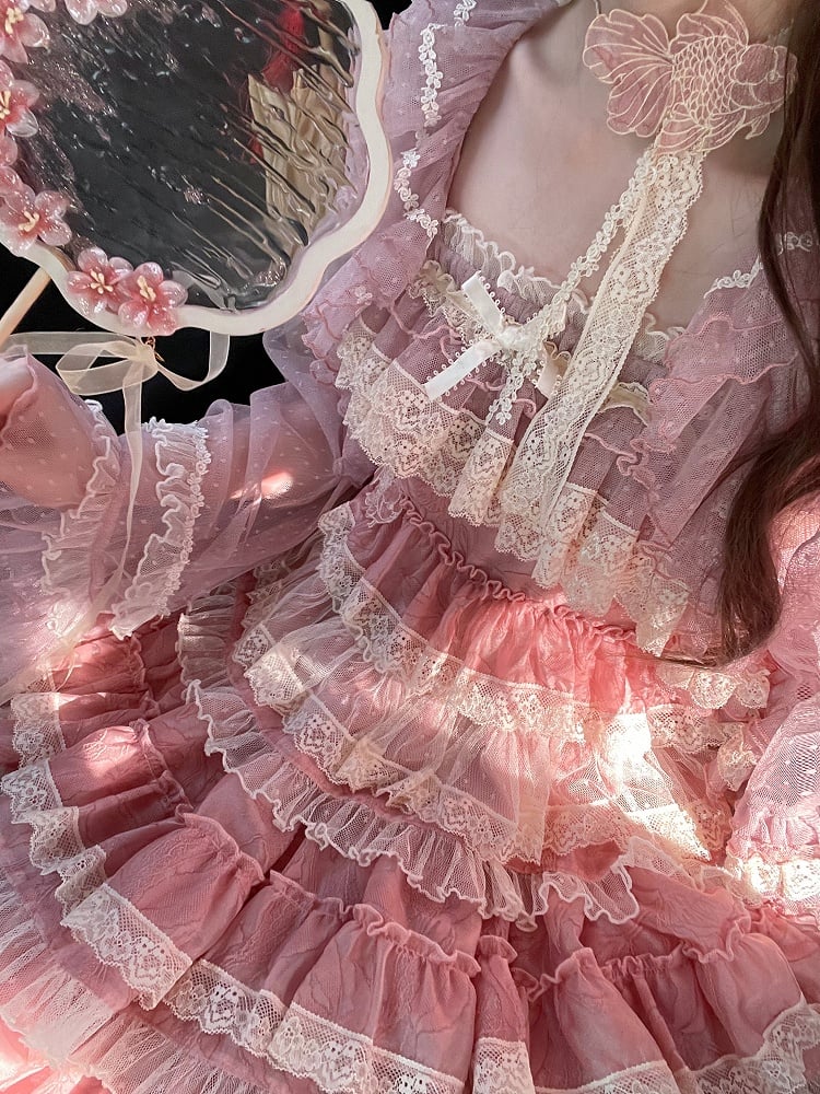 Ruffled Lolita Pink Lace Tulle Top