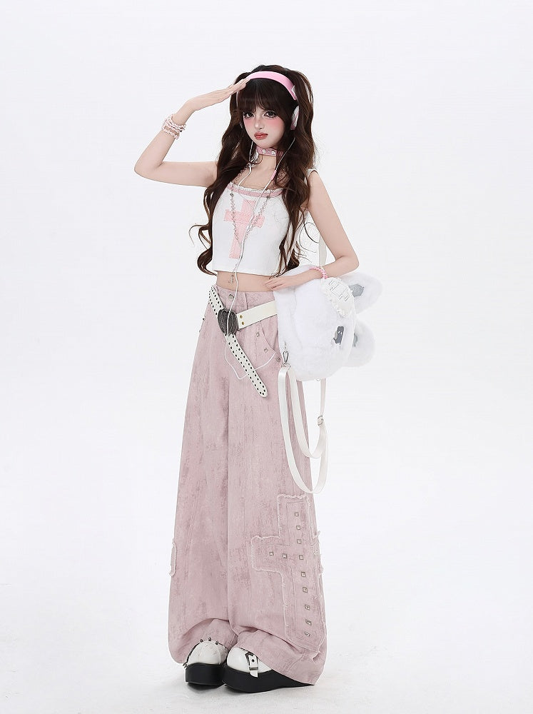 Pink Low Cross Appliques Wide-Leg Jeans Waist Studded Light