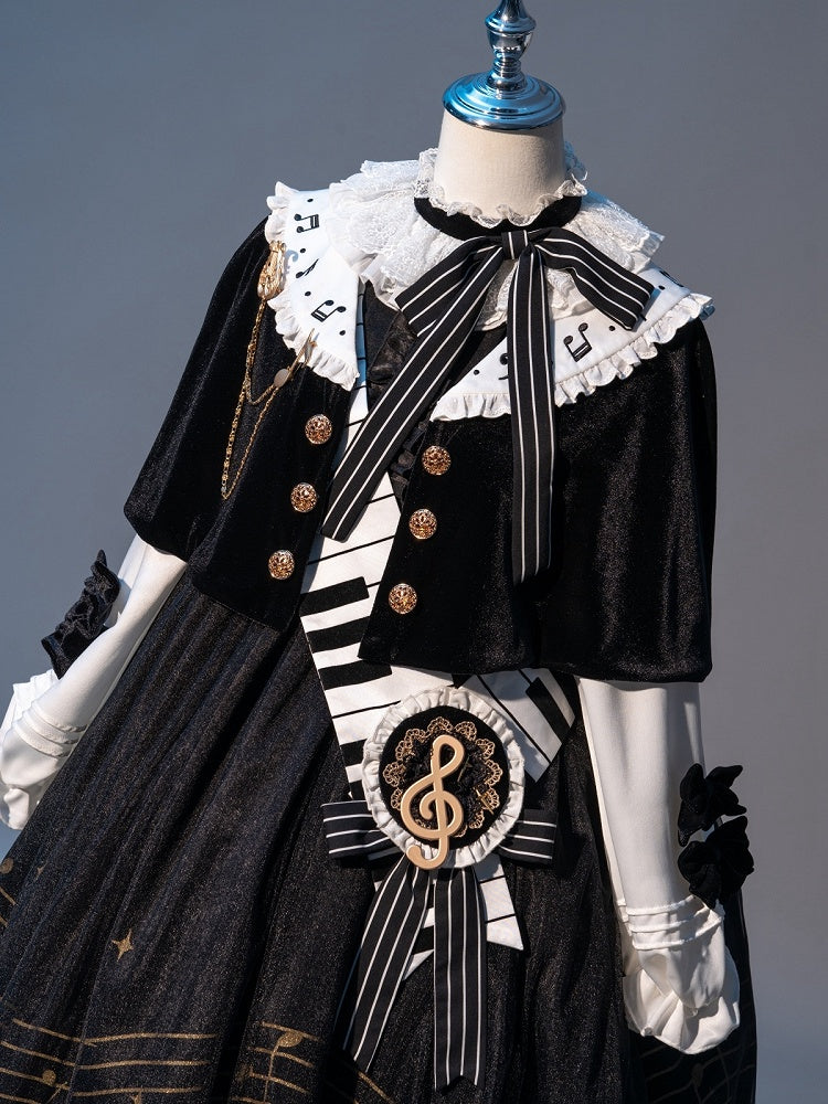 音符プリントの白黒長袖ロリータOPフルセット