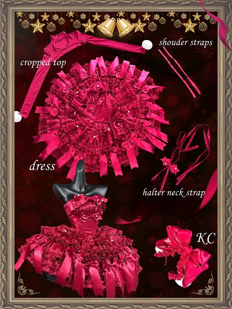 Rotes Weihnachtsoutfit, baskische Taille, Satinschleifen, trägerloses Puffkleid, kurzes Oberteil, komplettes Set