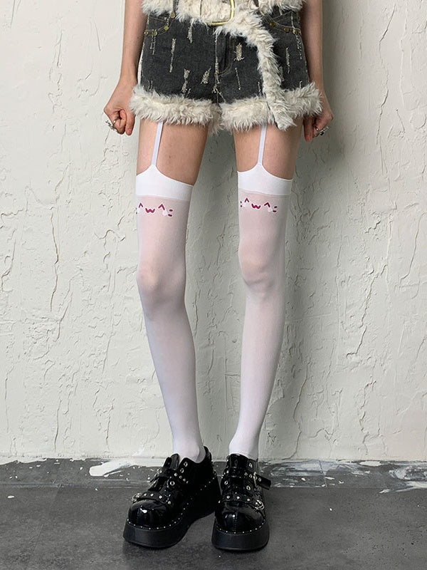 Weiße Strumpfhose mit Strumpfhaltern im Y2K-Stil mit Kätzchen-Print