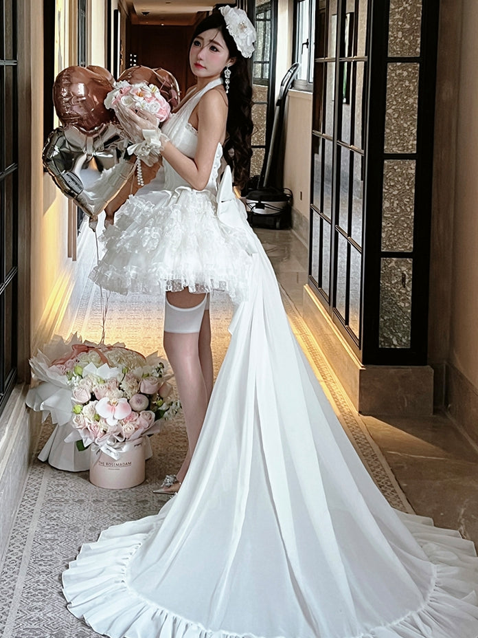 White Basque Waist Self-tie Lace Halter Neck Hanayome Lolitacore Dress