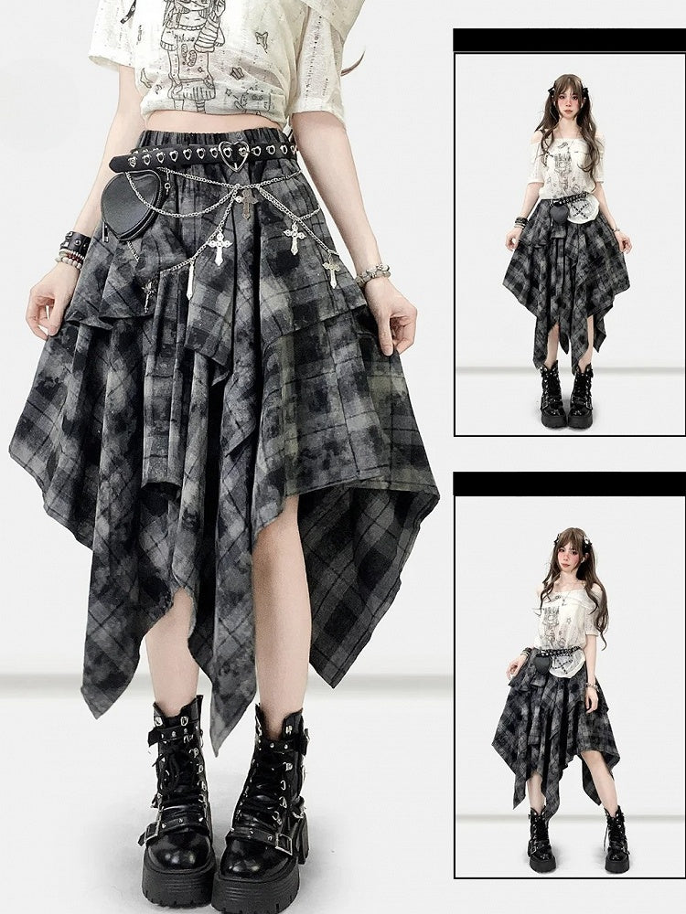 Handkerchief Dark Hem Plaid Skirt Pattern Bittersweet Gray
