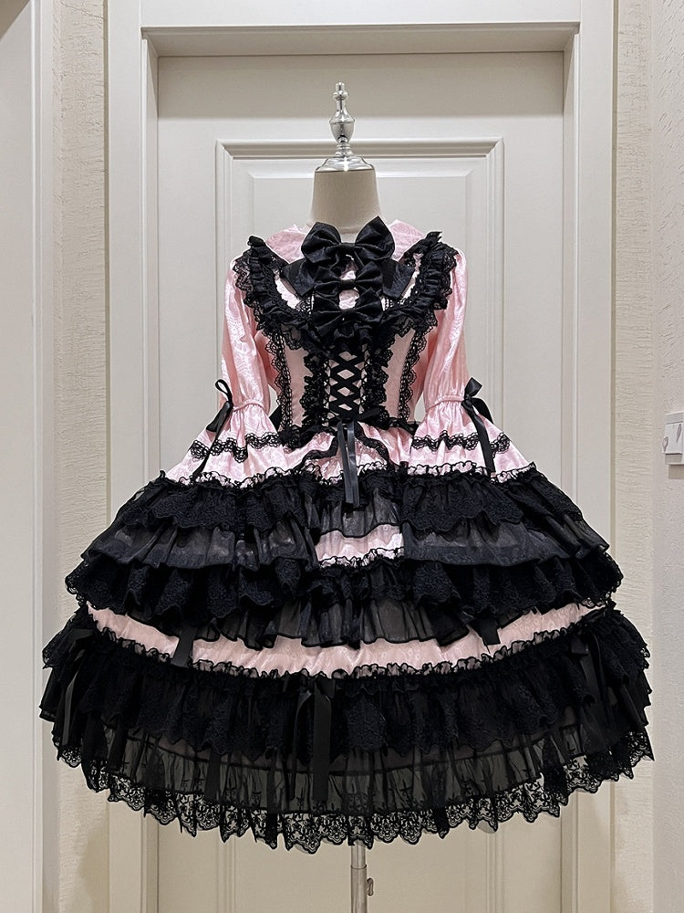 Bell Black Lolita and Long Sleeves Skirt Tiered Pink Ruffle Decorated Bows Dress