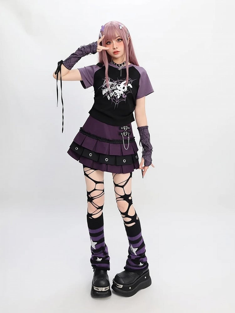 Free Red/Pink/Purple with T-Shirt Print Sleeves Y2K Cutout Shoulder Spiderweb