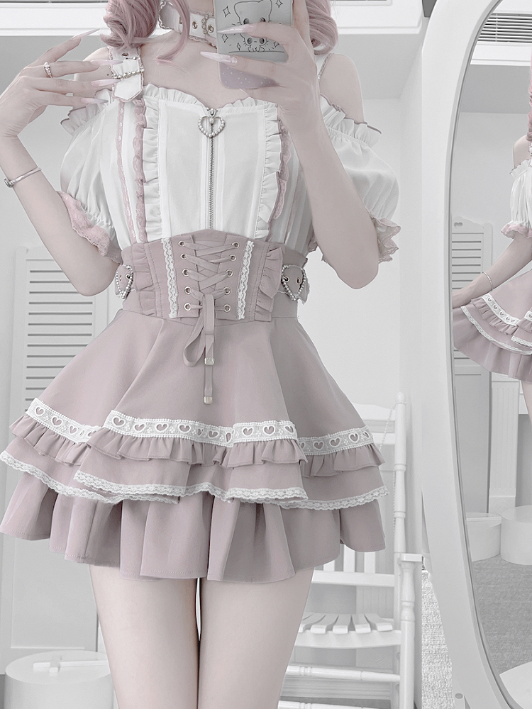 White Pink Short Jirai Kei Off-the-Shoulder Neckline Landmine and with Sleeves Choker Top Free Style