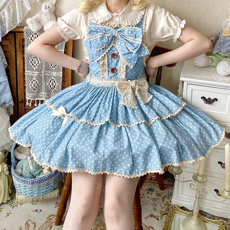 Dress Old Pattern Lolita Polka-dot School Blue Overall