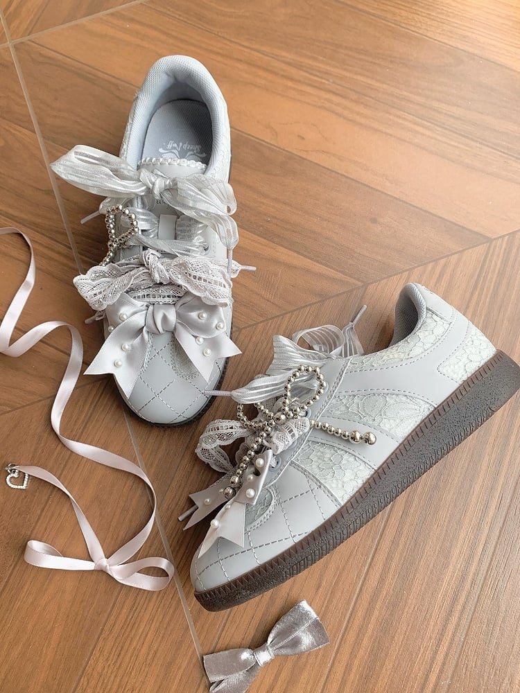 Krawatten Grau Perlen an Spitze Sneakers Vorne Top Schnürung Verzierte Schleife