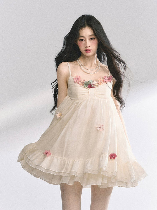 Empire Waist Floral Neckline Tiered Ruffle Hem Holiday Cami Dress Apricot Embellished