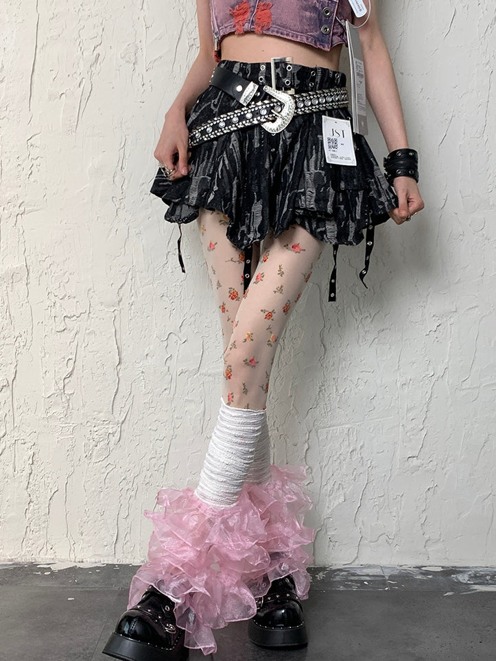 White Y2K + Pattern Multi-layered Set Floral Leg WhitePink Sleeves Lace Tights Trim