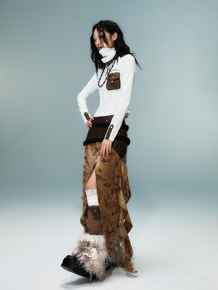 PU Pocket White Punk High-Neck Knit Top with Brown