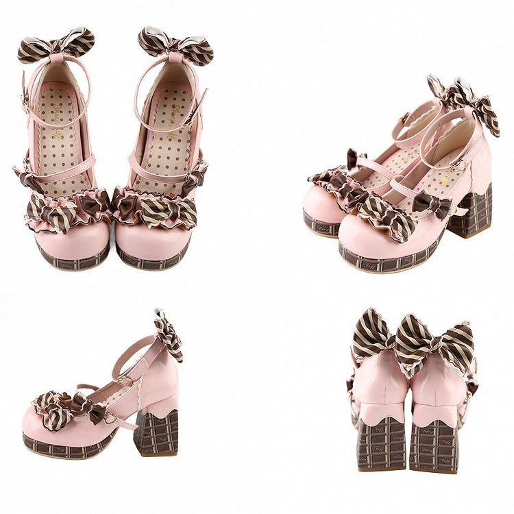 Heels PinkBrown High Striped Bowknot Chocolate Buckle Platform Mary Heart Block Janes Details