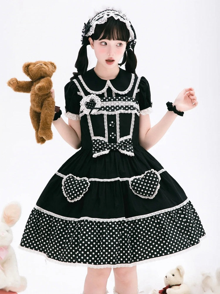 Dress School Polka Old Black Cotton White Dots Lolita