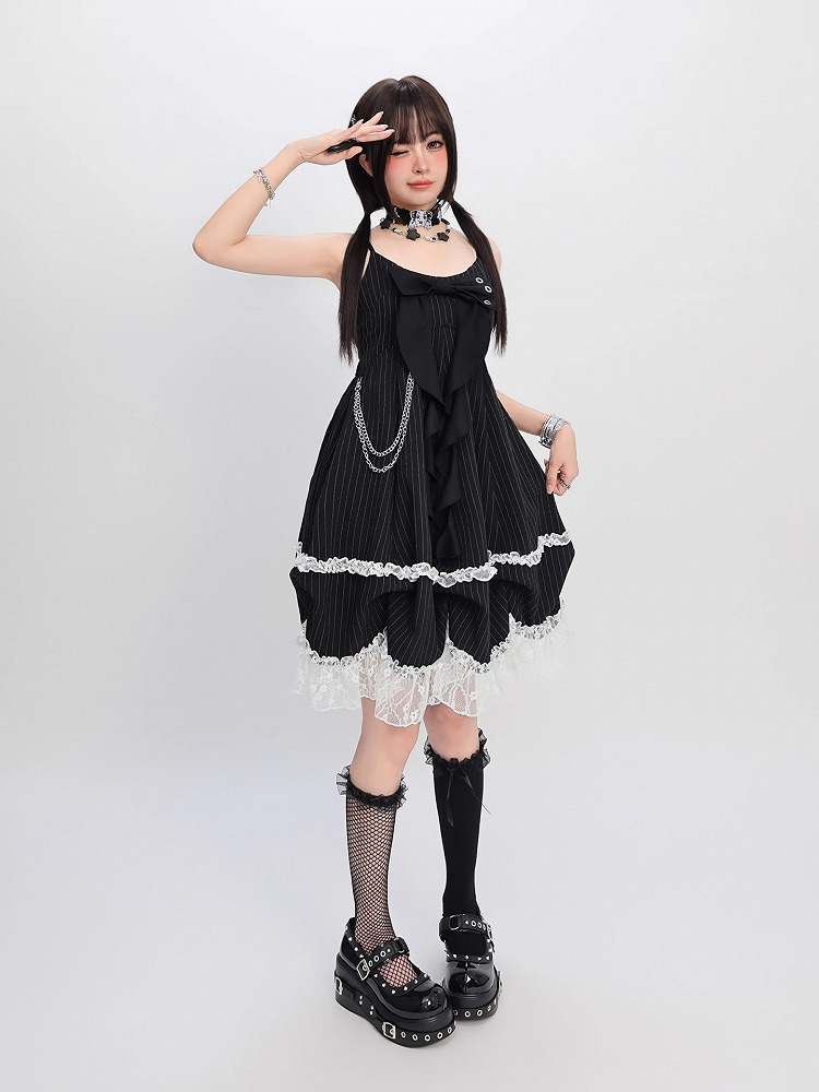 Skirt Cami Dress Big Bow Neckline Black with Striped Waist Detachable Chain Bubble